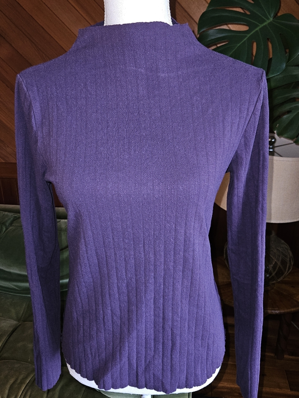 LA Relaxed Pointelle 90s Relaxed Long Sleeve Mock Neck XL Eggplant Plum - Picture 5 of 9